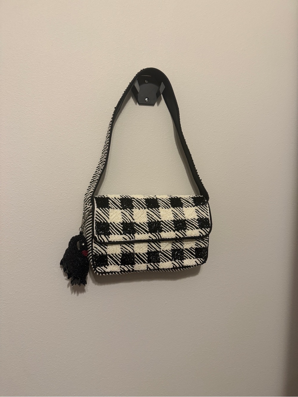 Black and White Plaid Beaded Shoulder Bag with Black Swan Charm
